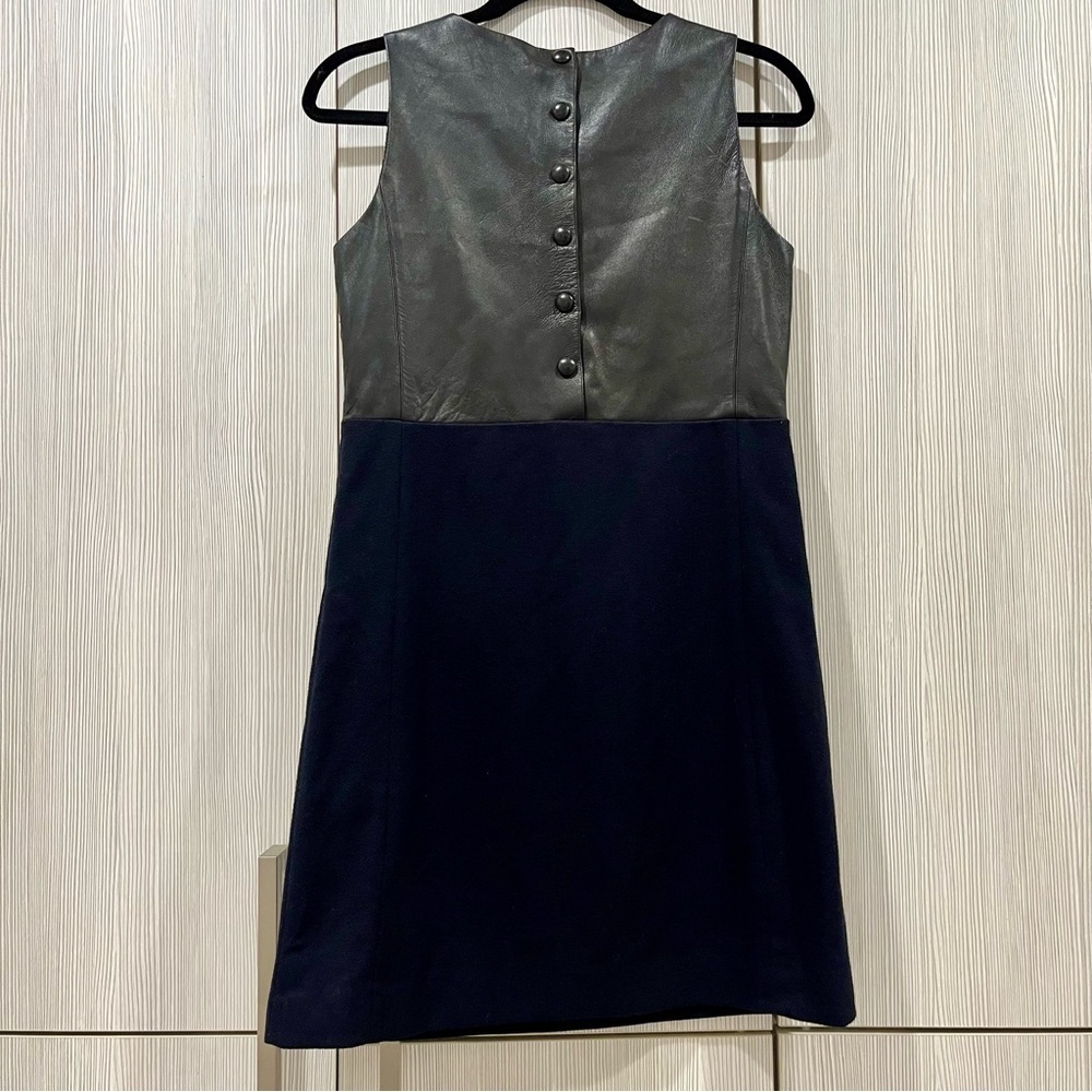 SANDRO | Sleeveless Leather Sheath Midi Dress |‎ Two Tone Black/Navy | Small - Picture 2 of 16